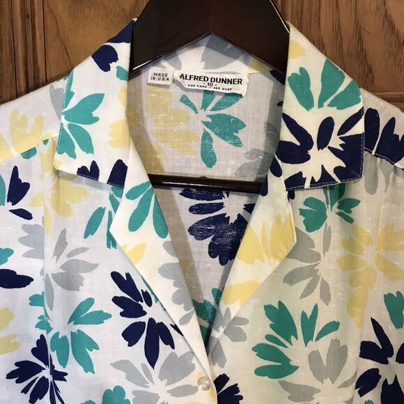 Alfred Dunner Linen Women's 10 Multi-Color Floral Blouse Short Sleeve Button-Up - Picture 6 of 10